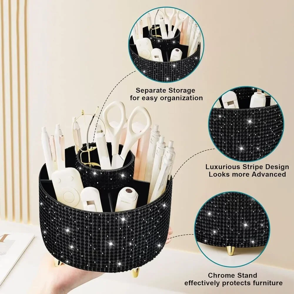 Diesisa 5 Slot Makeup Brush Diamond Black Cup 360° Rotating Makeup Brush Holder